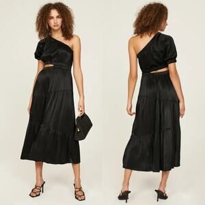 Peter Som Dress One-Shoulder Puff Sleeve Side Cutout Tiered Midi A-Line Black XL